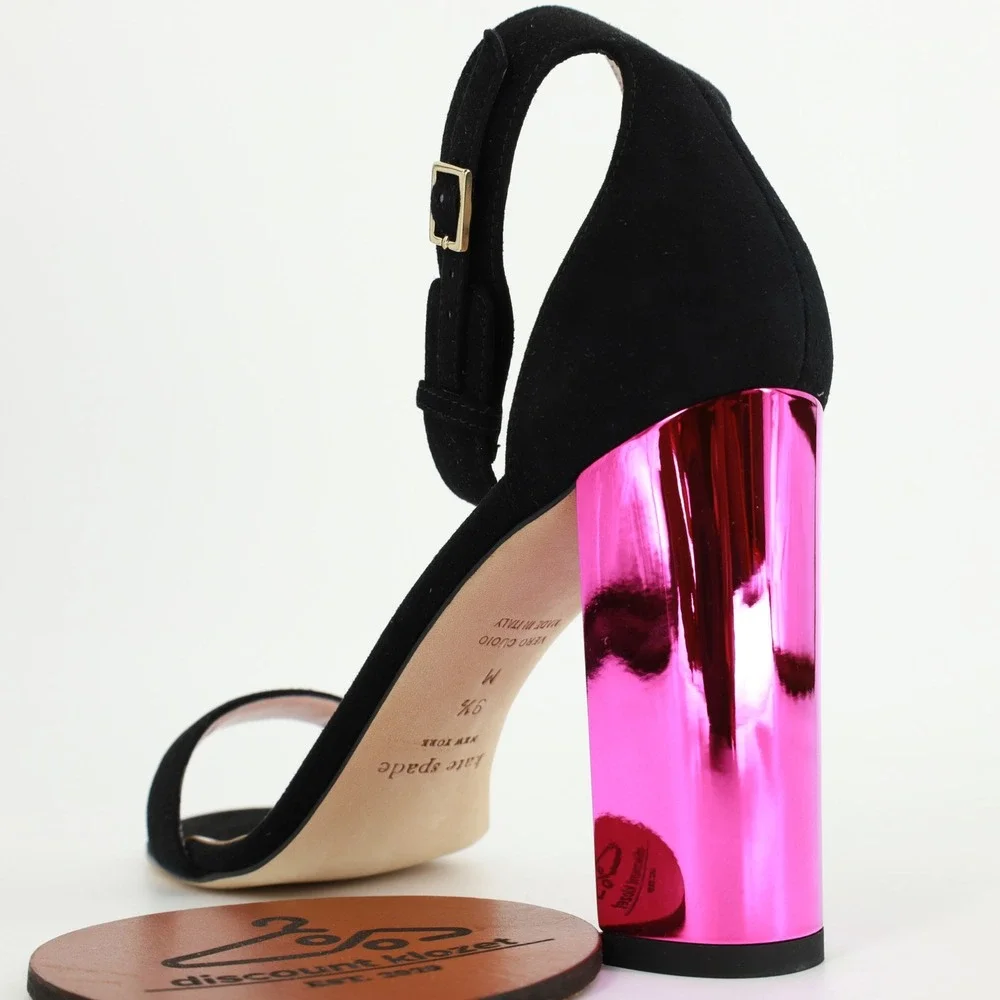 Kate Spade Ilona‎ Too Black Kid Suede Fuchsia Mirror Block Heel Sandals 9.5M